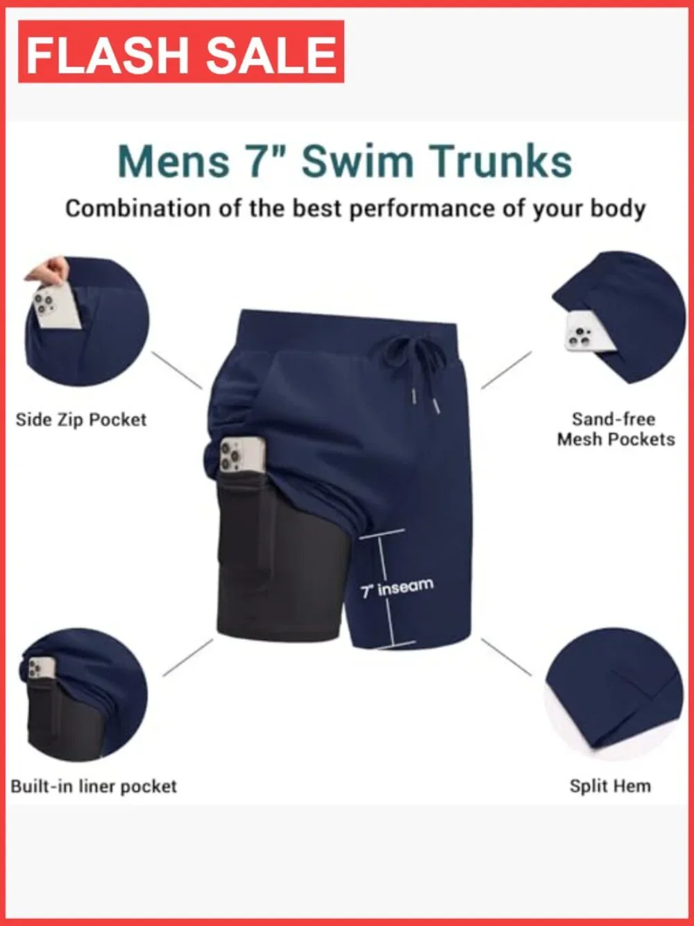 7-Inch Swim Trunks with Zip Pockets Quick-Dry Mesh Lining